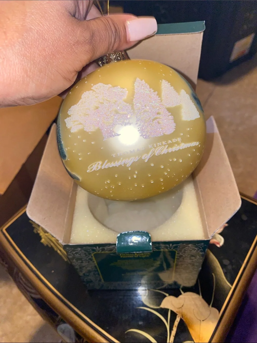 Vint Thomas Kinkade Blessings of Christmas Gold and Blue Winter House Ornament